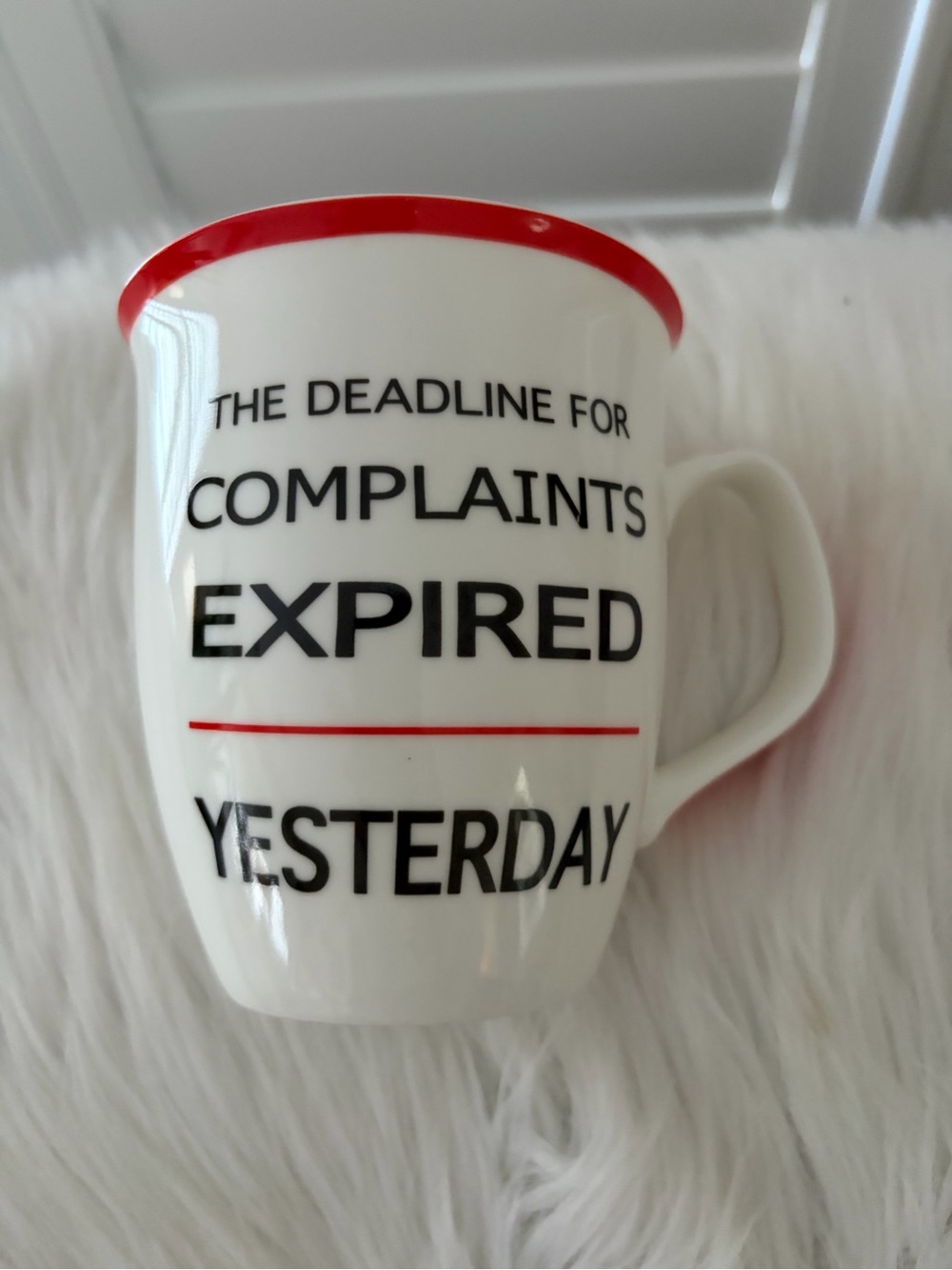 White Ceramic Mug with Red Rim - 'The Deadline for Complaints Expired Yesterday'